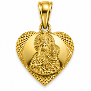 Medalik Matka Boska Częstochowska w diamentowanym sercu, złoto 585